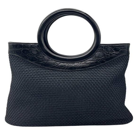Suarez Black Croc Embossed Double Top Handle Woven Satchel - Picture 1 of 12